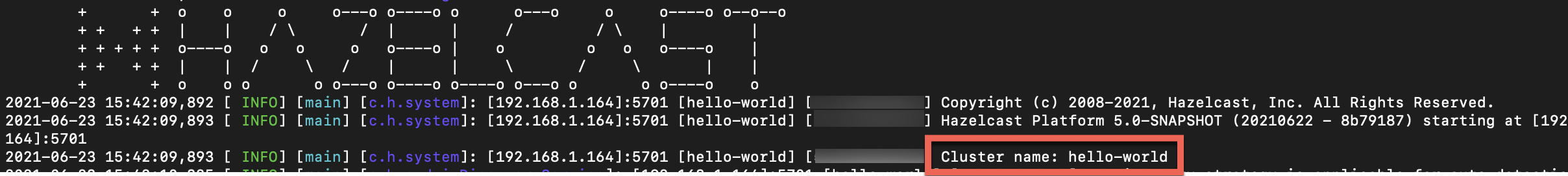 Platform console displays the cluster name 'hello-world'